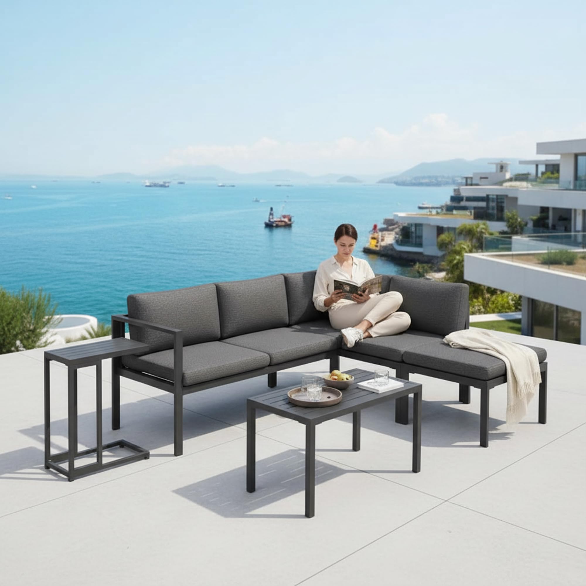 Mucola Gartenmöbel Set Ecklounge Aluminium mit Hocker und Tisch Anthrazit | Sitzgruppe modular kombinierbar, rostfrei, UV-beständig, extra dicke wasserabweisende Bezüge, waschbar, Outdoor, für Balkon