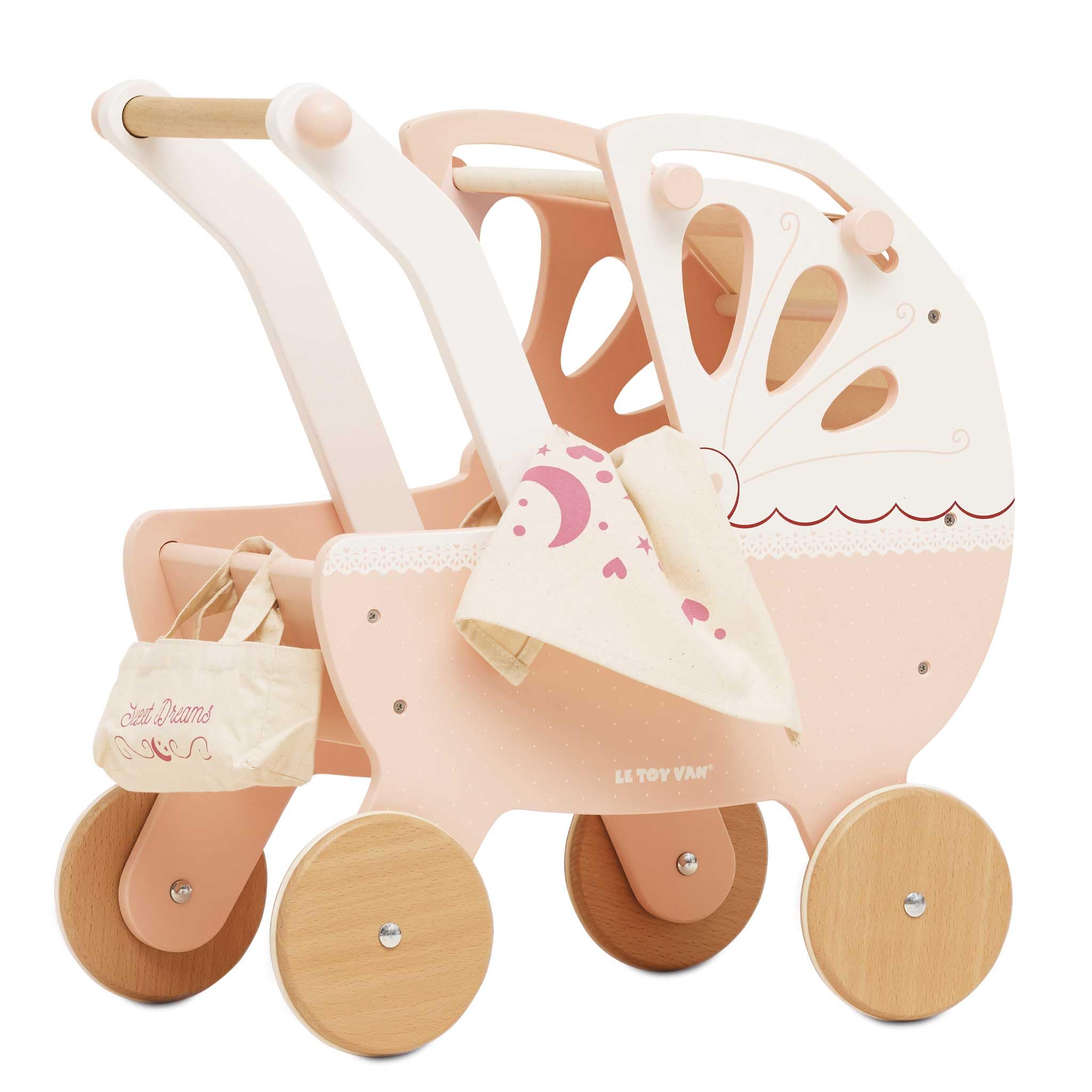 Le Toy Van - Educational Wooden Toy Role Play Beautiful Sweet Dreams Doll Toy Pram | Girls Pretend Play Toy Pram Playset - For Ages 3+ (TV322)