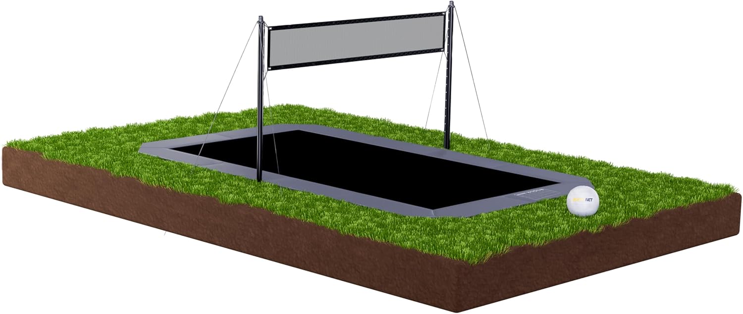 JUMPNET Adjustable Volleyball & Pickleball Net for Trampolines Multi-Sport Net System, Compatible with 10FT Wide Rectangle Inground Trampolines –Includes Ball, Pump, Easy Setup for Backyard Family Fun