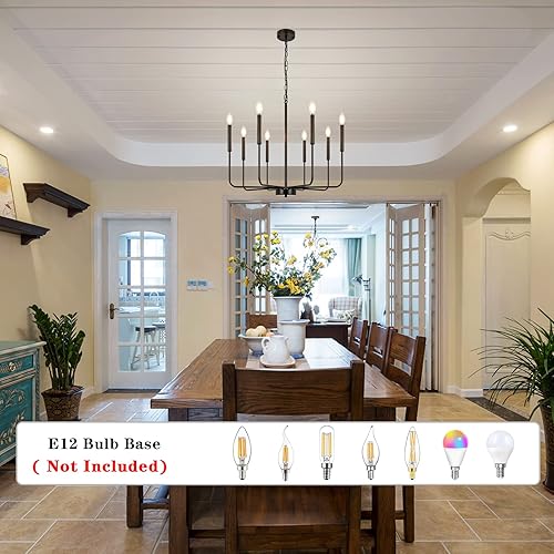 Miniatura 5 de Candelabro negro para comedor, 8 luces modernas de estilo rústico para comedor, lámpara colgante de vela para sala de estar, vestíbulo, entrada,