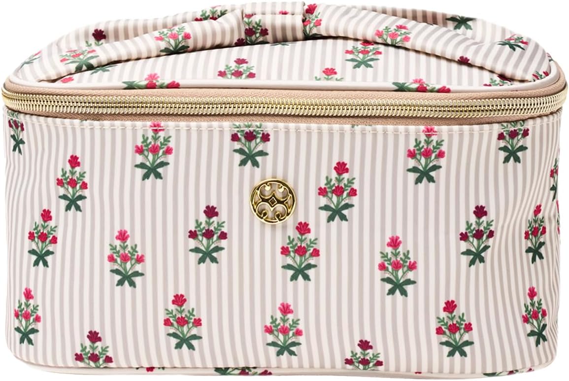 Mary Square Kiss and Make Up Bag - Pink Floral Block Print Small Cosmetic Pouch and Beauty Organizer with Bow Carry Handle - 9 x 2.5 x 3 Compact Travel Makeup Case with Gold Hardware image 2