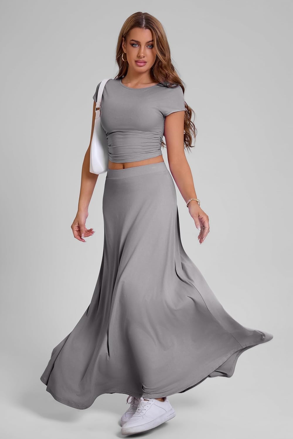 Nimsruc Two Piece Skirt Sets For Women Comfy Summer Outfits Crew Neck Short Sleeve Elastic Waist Maxi Skirts Matching Set Gray L - Image 3