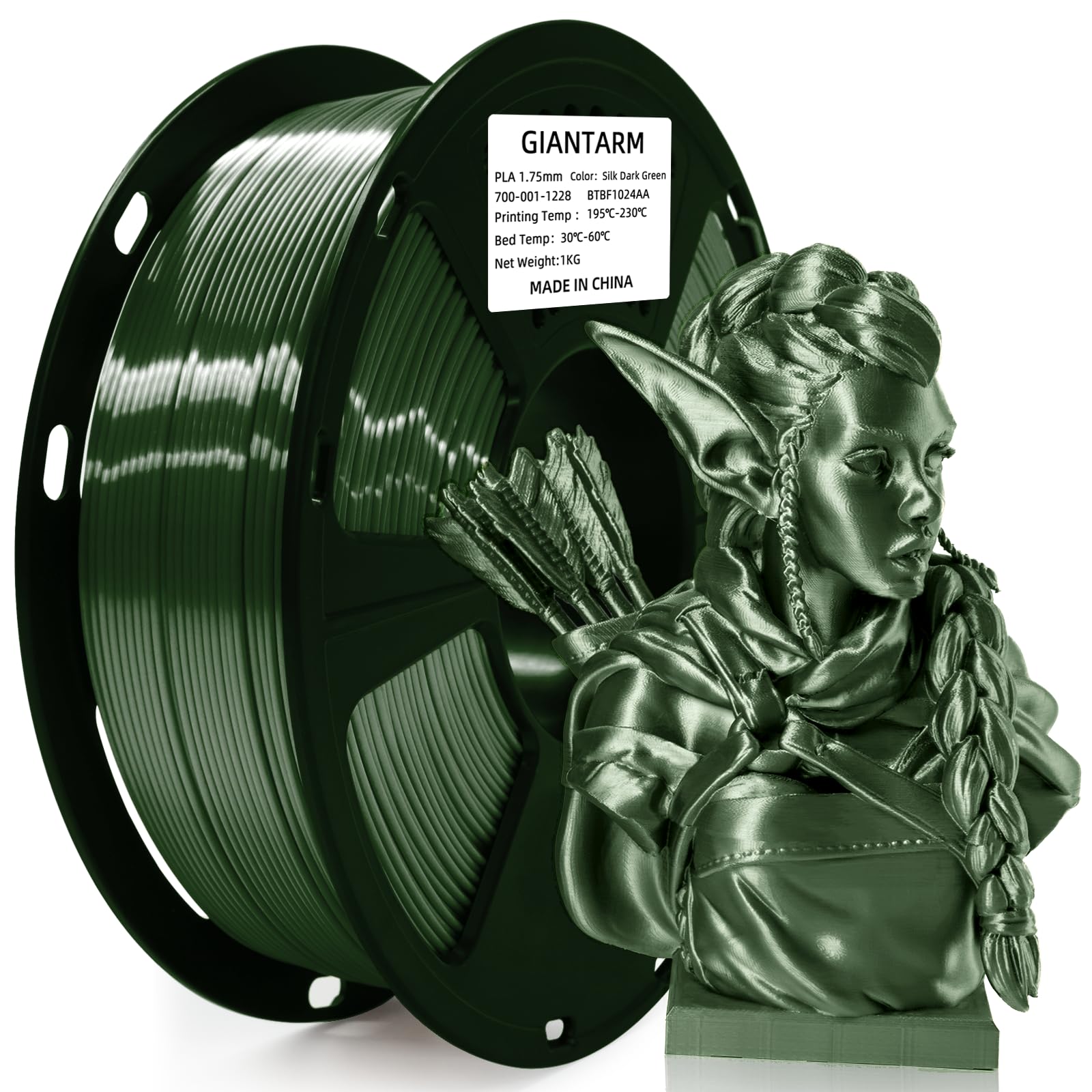 GIANTARM 3D Printer Filament, Shiny Silk Green PLA Filament, 1Kg(2.2lbs) Spool, 1.75mm Dimension Accuracy +/- 0.03mm, 3D Printing Filament,Fit Most FDM Printer