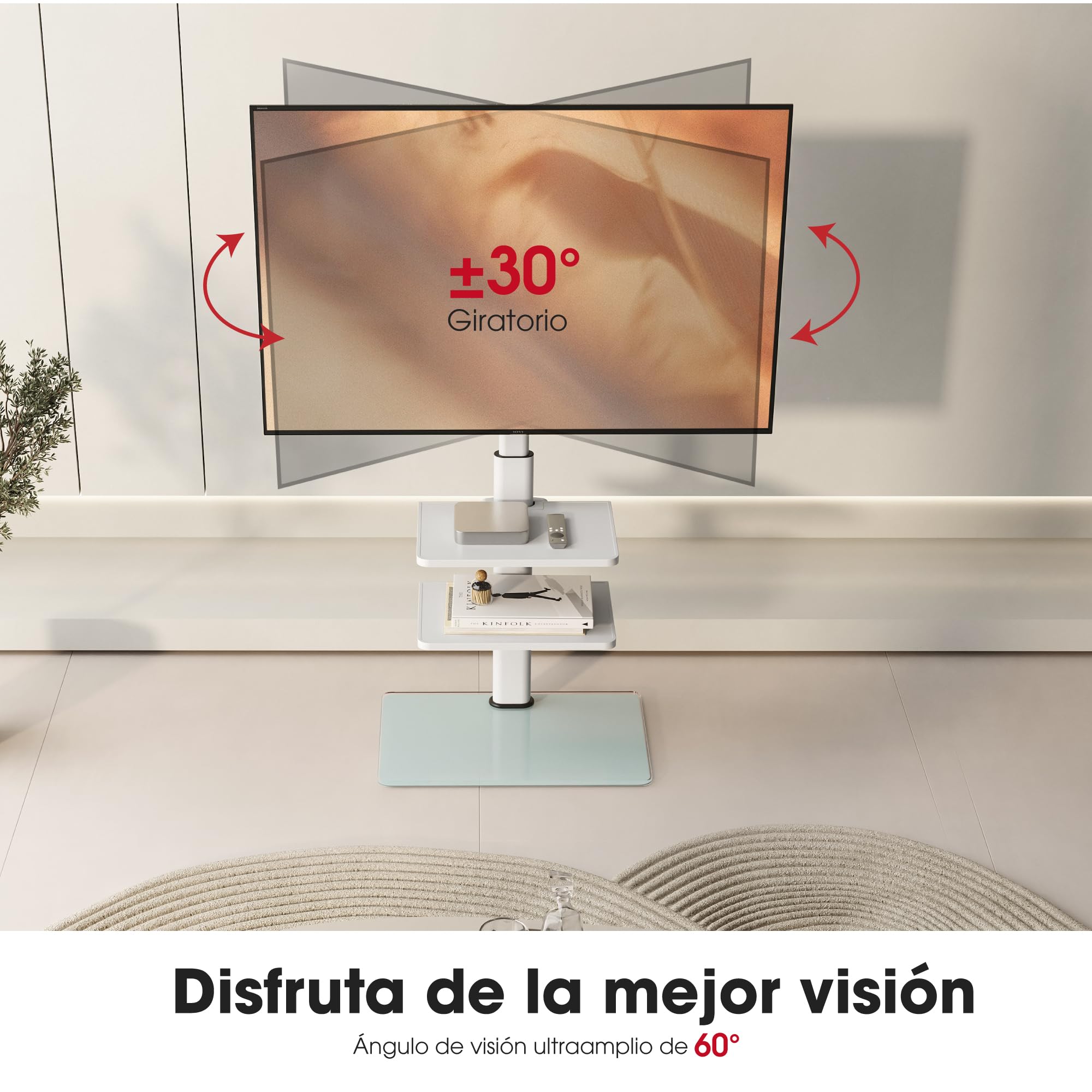 AOKCOS Soporte de TV para 32 a 70 Pulgadas, Soporte de Suelo para TV de 1350 mm de Altura, Ajustable en Altura, Giratorio, Inclinable, Soporte de TV con 3 Estantes (Blanco)