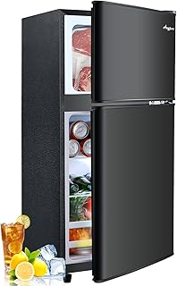 3.2 Cu.Ft Fridge with Freezer with 2 Doors, Refrigerator with 7 Level Temperatures, LED Light, Adjustable Shelves, Food Storage Cooling Drink for Bedroom, Office, Dorm, Apartment, Black