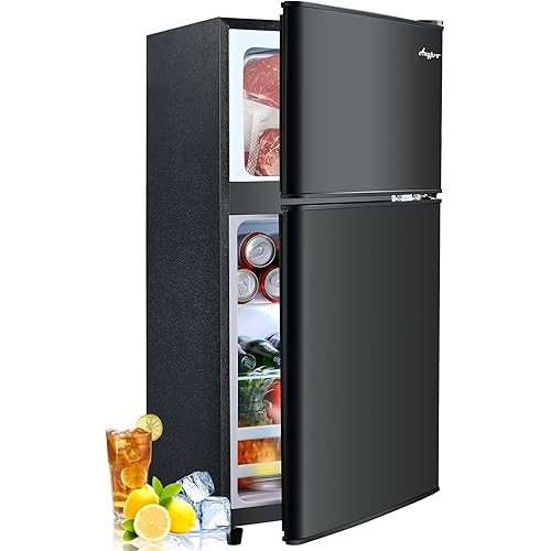 Anypro 3.2 Cu.Ft Fridge with Freezer with 2 Doors, Refrigerator with 7 Level Temperatures, LED Light, Adjustable Shelves, Food Storage Cooling Drink for Bedroom, Office, Dorm, Apartment, Black