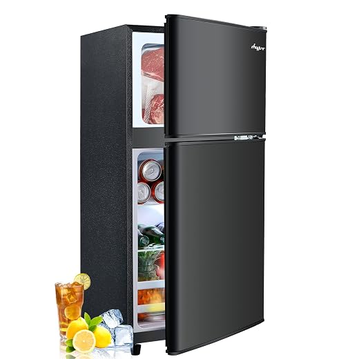 Anypro 4.0 Cu.Ft Fridge with Freezer, Double Door Refrigerator with 6 Level Thermostat, LED Light, Adjustable Glass Shelves for Bedroom, Office, Dorm, Apartment, Black