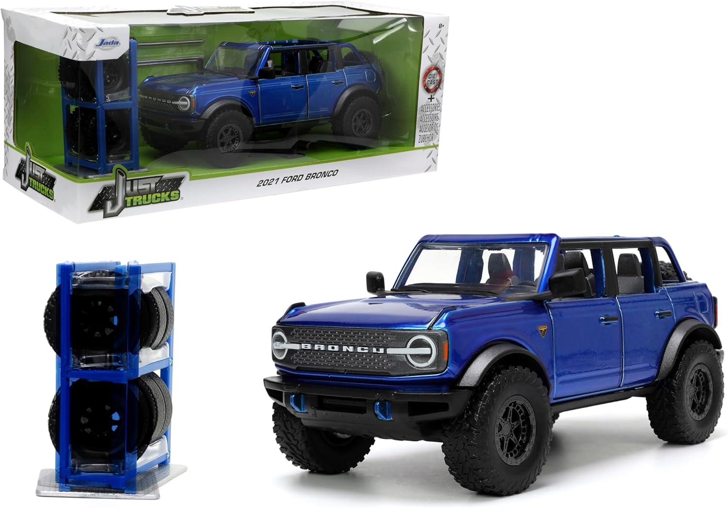 Jada Just Trucks 1:24 2021 Ford Bronco Die-Cast Car & Tire Rack, Toys for Kids and Adults(Candy Blue)