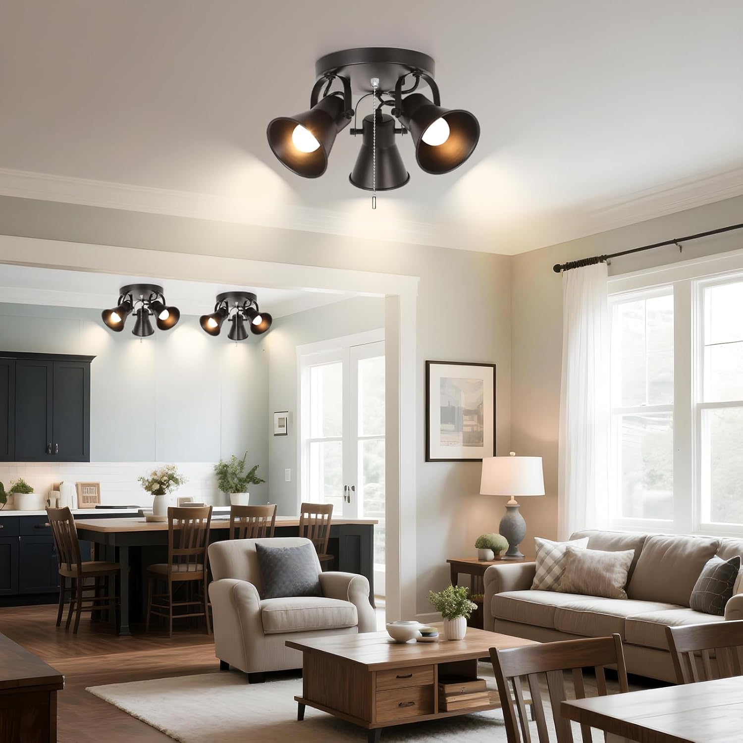 KEESFU Adjustable 3-Light Track Lighting with Pull Chain Switch, Modern Round Ceiling Lamp for Kitchen Hallway Bathroom, Directional Flush Mount Fixture for Dining Room Bedroom Office.