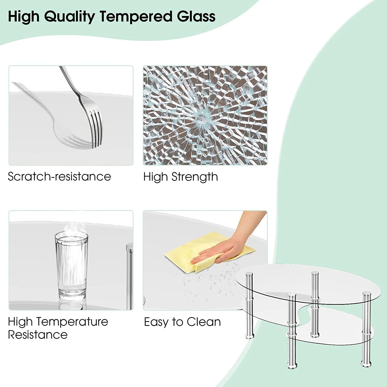 Hysache Glass Coffee Table, Oval 3-Tier Modern Smooth Tea Table w/Spacious Glass Desk-Top, Shelf & Sturdy Chrome Plated Leg End Table Home Office Reception, Clear, 35.5 in x 20 in x 18 in (HW66281TR)