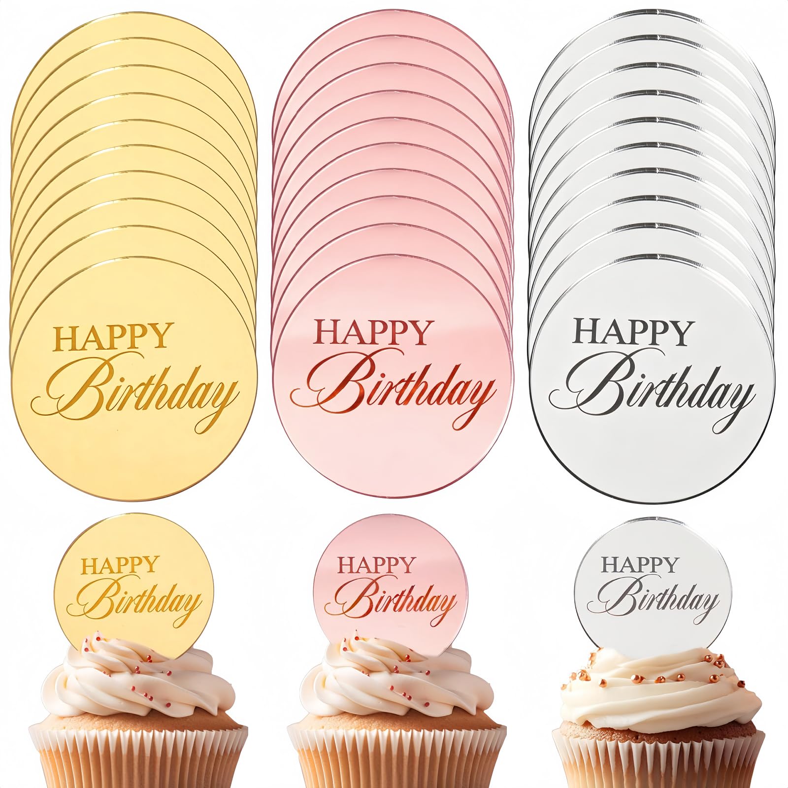 Samheng 30 Pcs Happy Birthday Cupcake Toppers, Acrylic Mirror Round Cake Toppers, Mini Shiny Cake Decorations For Birthday Party Supplies