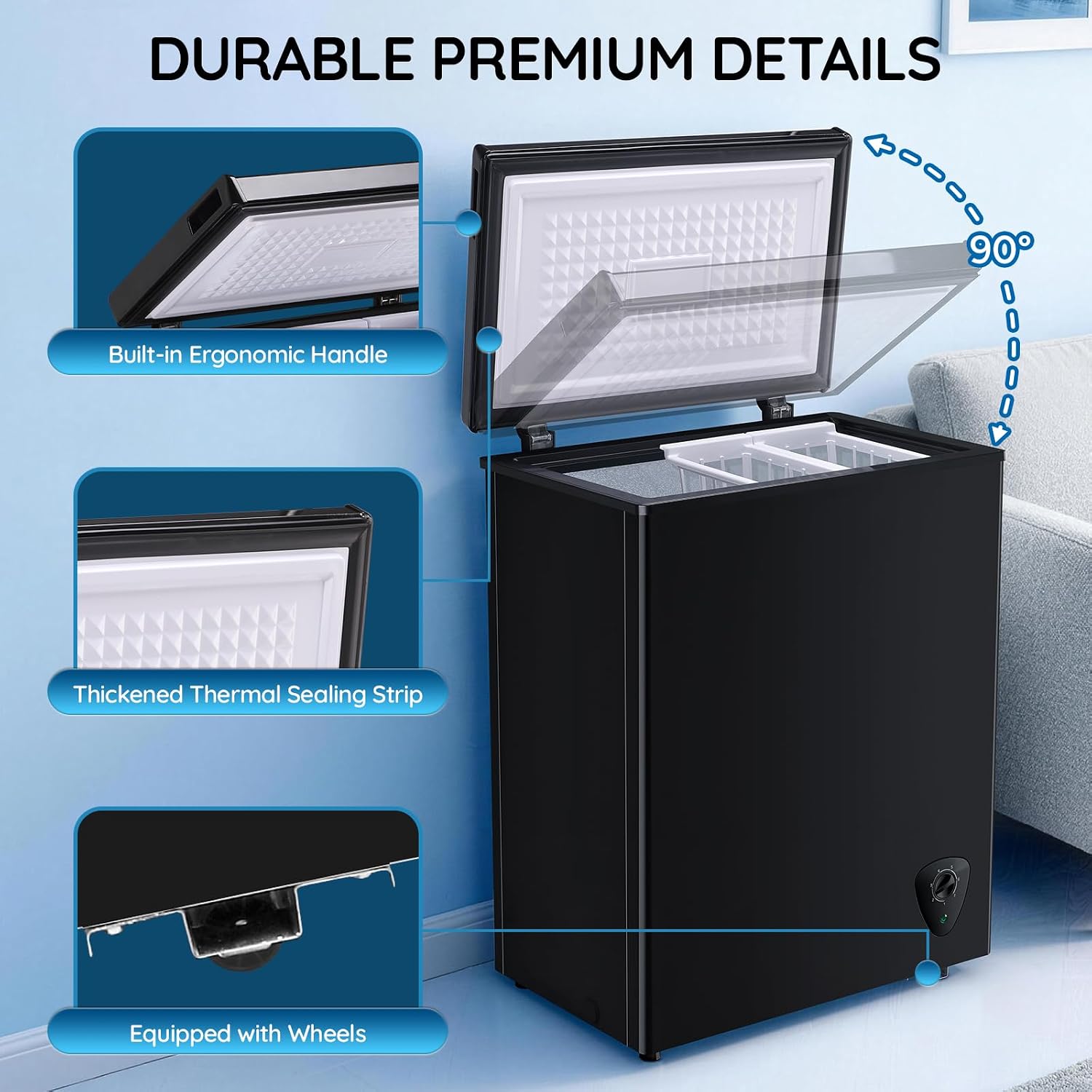 4.5 Cu.ft Chest Freezer Mini freezer with Removable Basket 90L Capacity Storage Knob Temperature Control Black