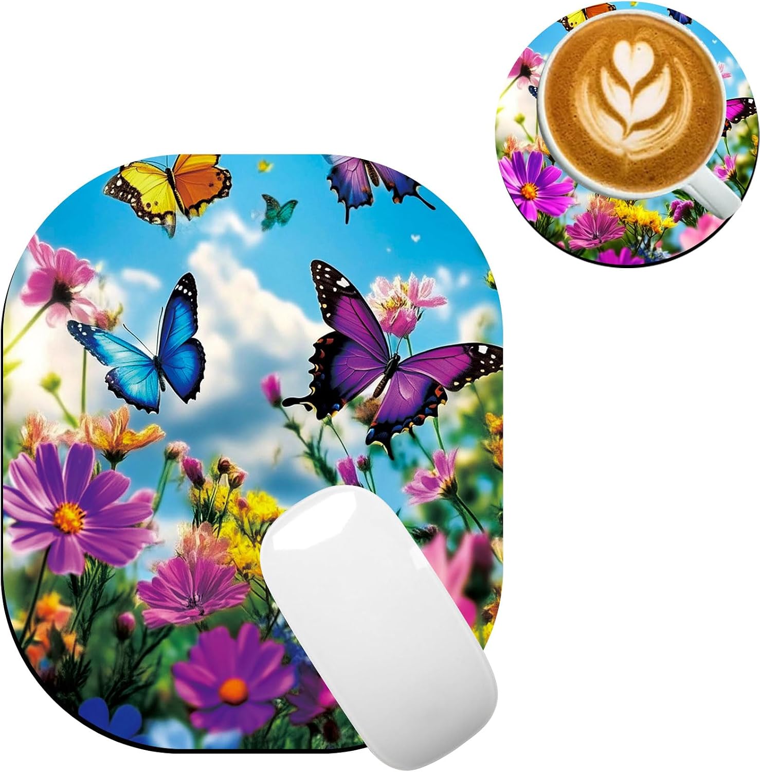 Small Mouse Pad，Mini Mouse Pad 6 x 7 Inch，for Laptop Keyboard Tray Wireless Mouse Home Office Travel，with Non-Slip Rubber Base, Waterproof Mouse Mat，Butterflies in Flower Field