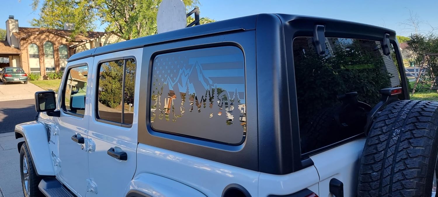 for Jeep Wrangler JL & JLU 2018-2024 Mountain American Flag Rear Window Decals, Matte Black USA Flag Vinyl Stickers 2PCS, Patriotic SUV Truck Window Graphics Exterior Accessories