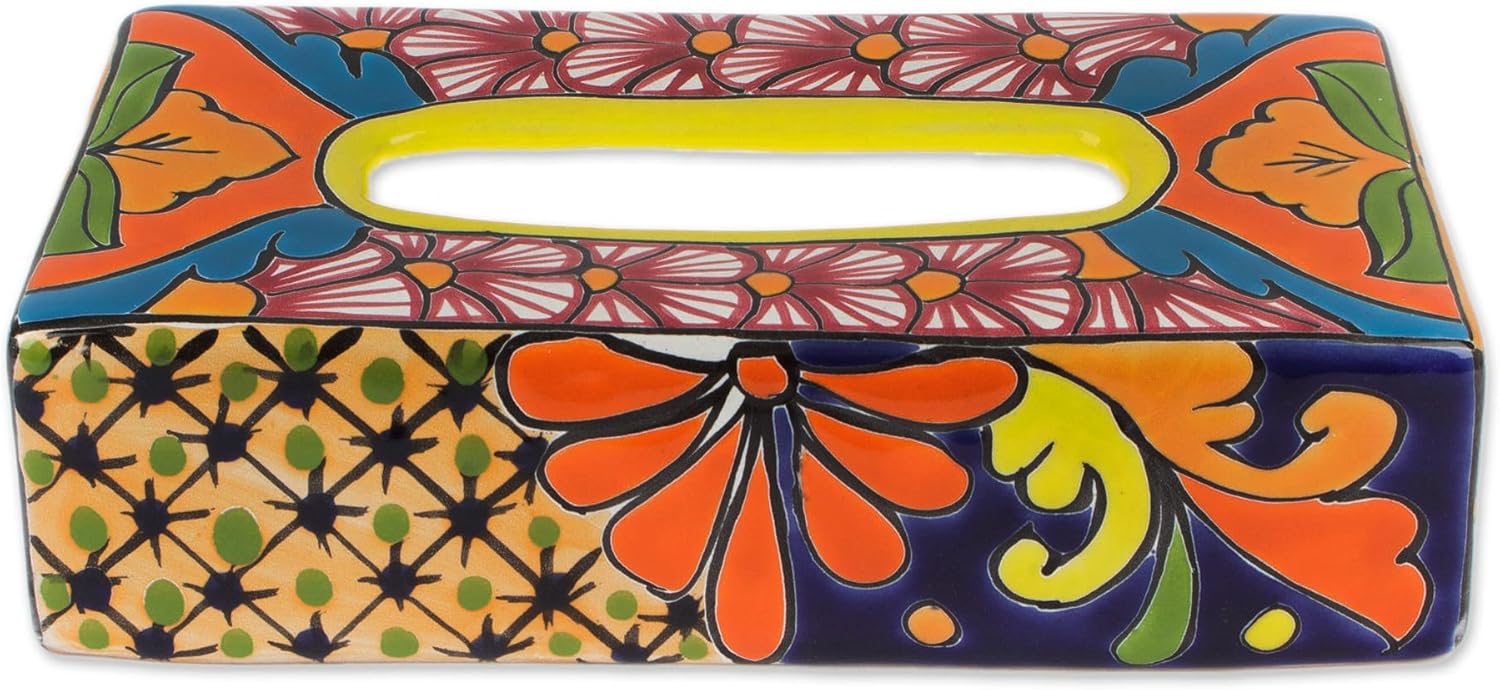 NOVICA Artisan Crafted Ceramic Tissue Box | Talaverastyle Cover Floral | Multicolor Decor Accessories | Vanity Folk Art | Floral Motifs | Mexico ' Hacienda Convenience' 2.8" H x 11" W x 5.75" D