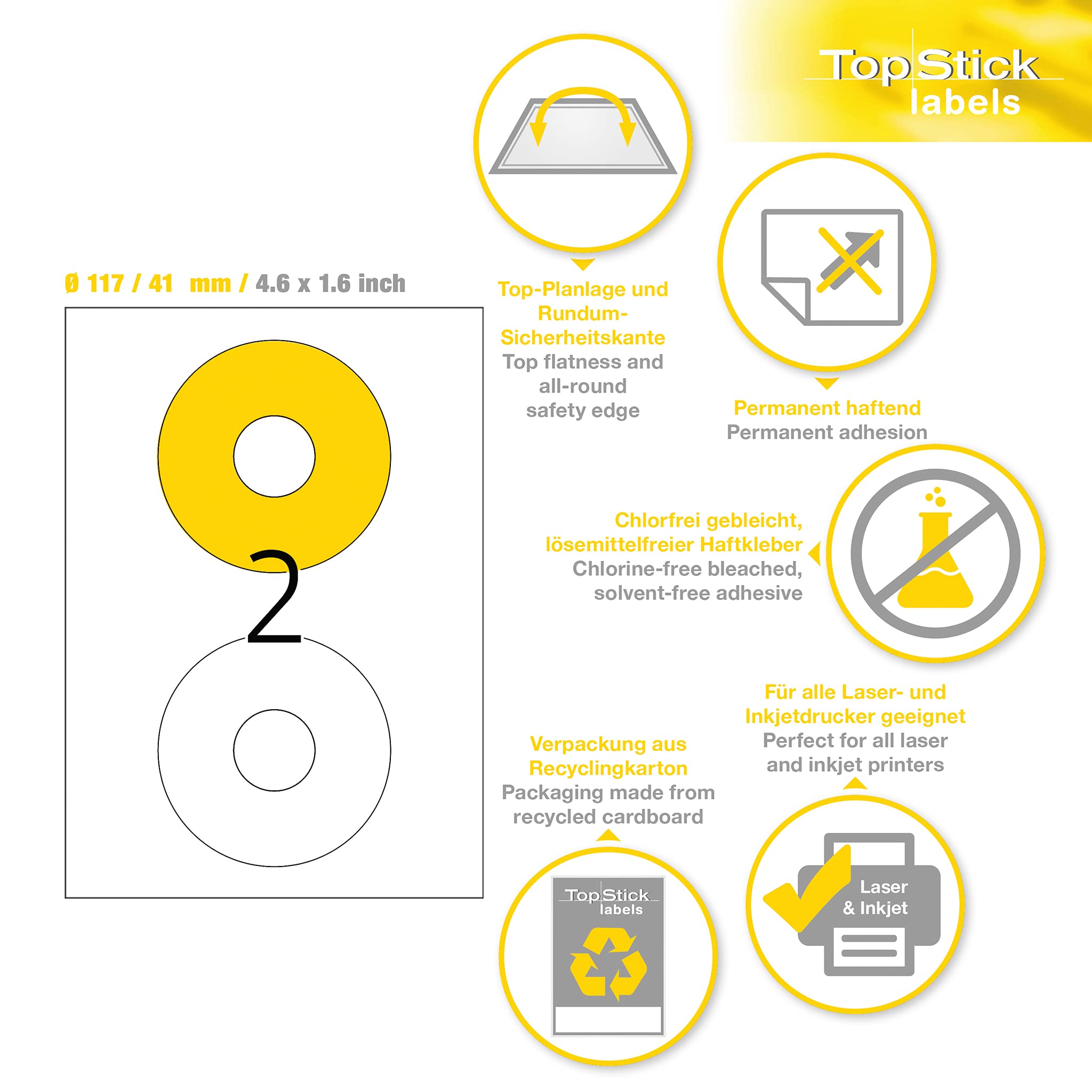 TopStick 8696 CD DVD Etiketten, 1000 Blatt, Ø 117 mm, 2 pro A4 Bogen, 2000 Stück, selbstklebend, bedruckbar, matt, blanko Papier Klebeetiketten Aufkleber, weiß
