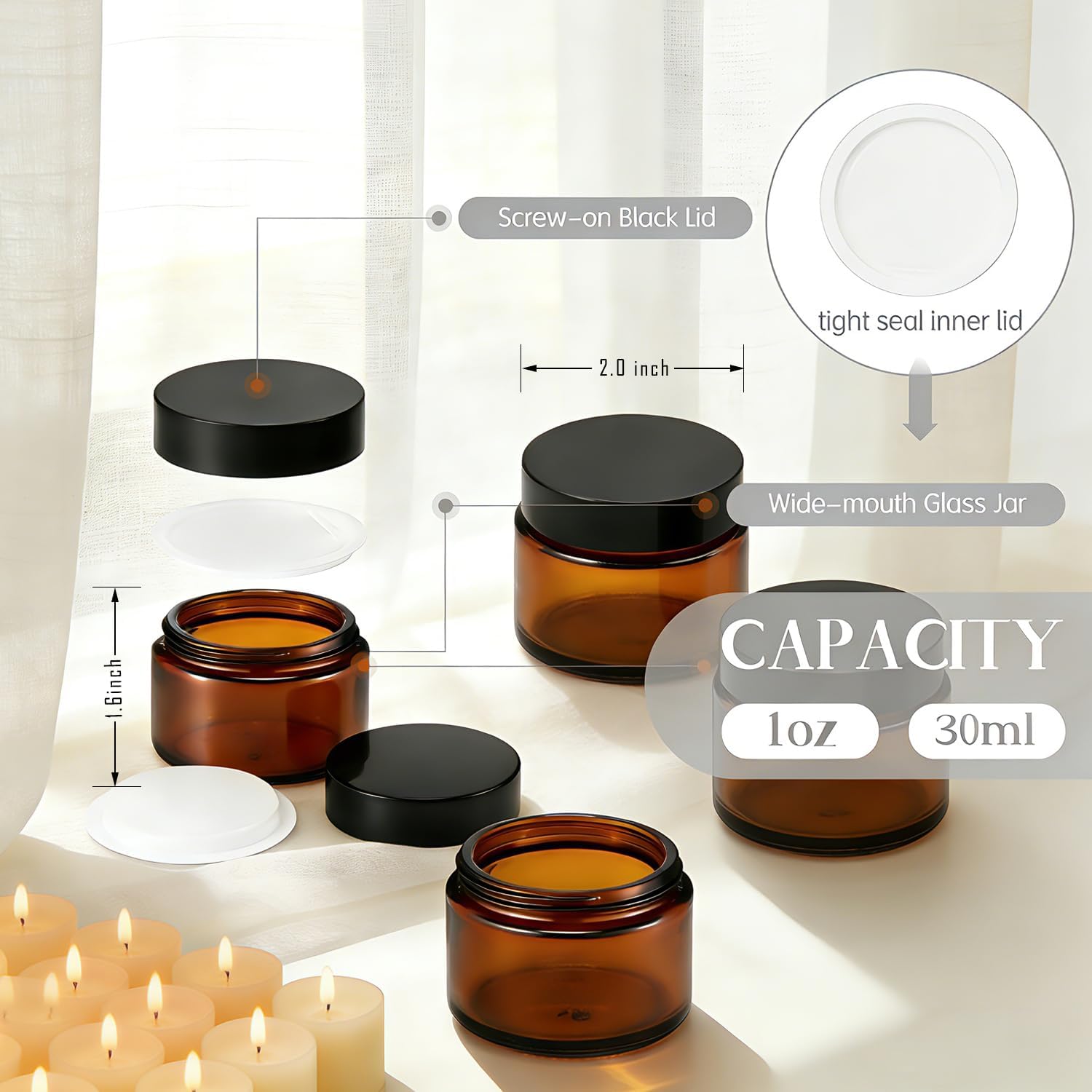1oz Glass Jar with Lid,45 Pcs Amber Round Containers Cosmetic Glass Jars for Travel Body Scrub, Lotion, Body Butter, Bath Salts