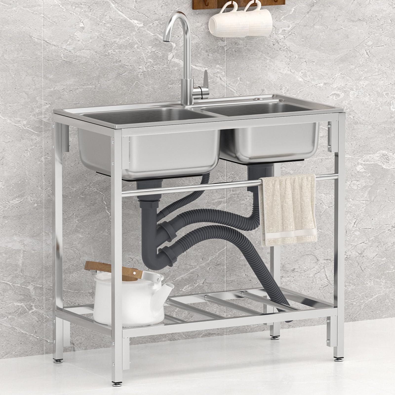 HYSOPSPX Stainless Steel Sink Prep & Utility 2 Compartment Commercial Kitchen Handwashing Station with Storage Shelves Faucet Combo for Indoor Outdoor RV (Silver)