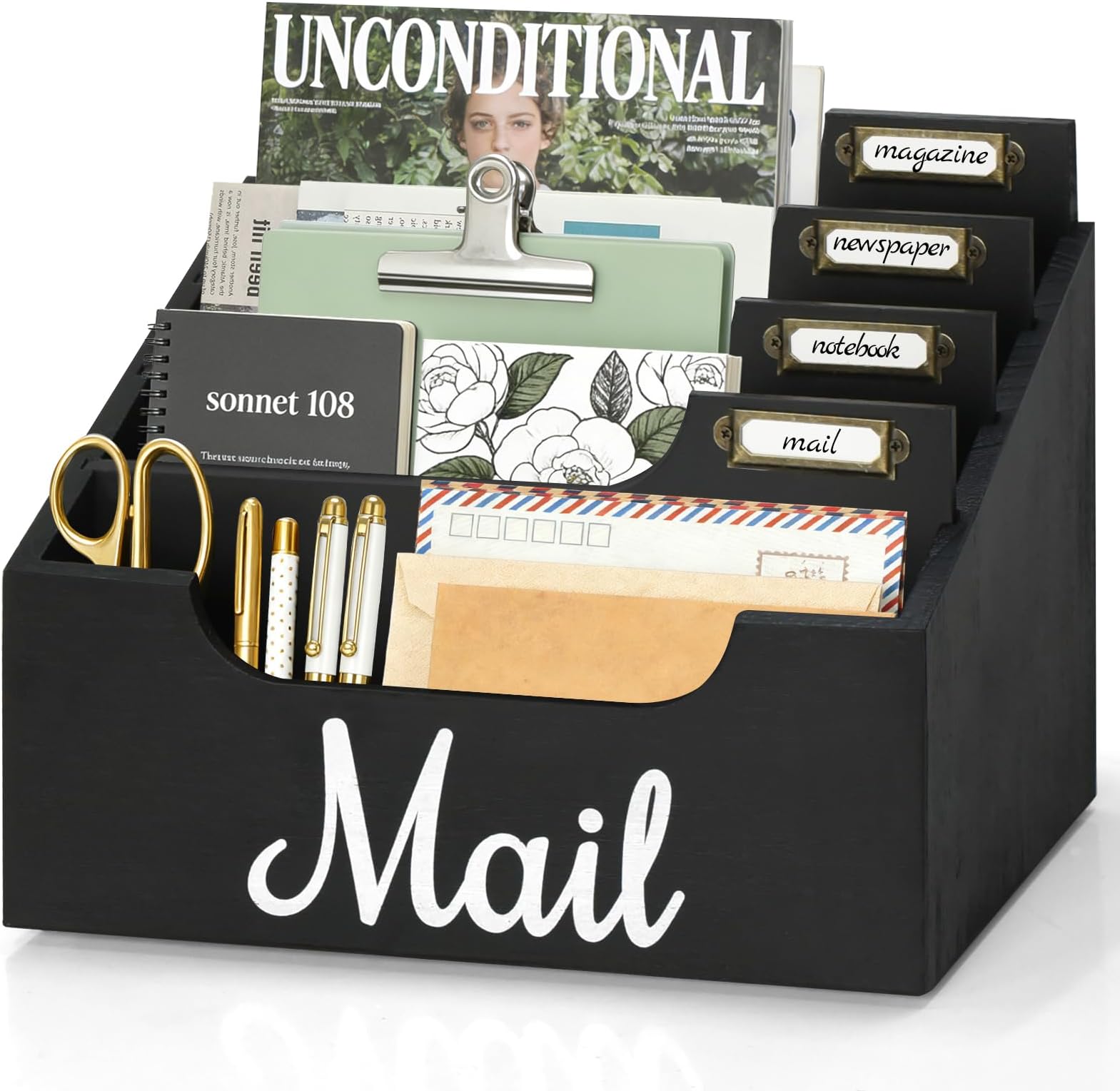 Wood Mail Organizer Countertop, Rustic Mail Holder for Desk with 4 Slots, Mail Sorter for File Paper Folder, Letter Sorter Bill Organizer for Office Home Classroom, Desk Organizers and Accessories