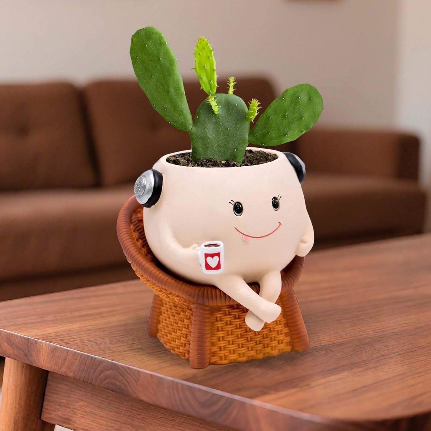 Smiley Face Planter Pot, Cute Resin Flower Pot for Indoor Outdoor Plants, Unique Rattan Chair Style Succulents Plants Flower Pot, Gift on Mother's Day, Birthday, Christmas with Drainage Hole