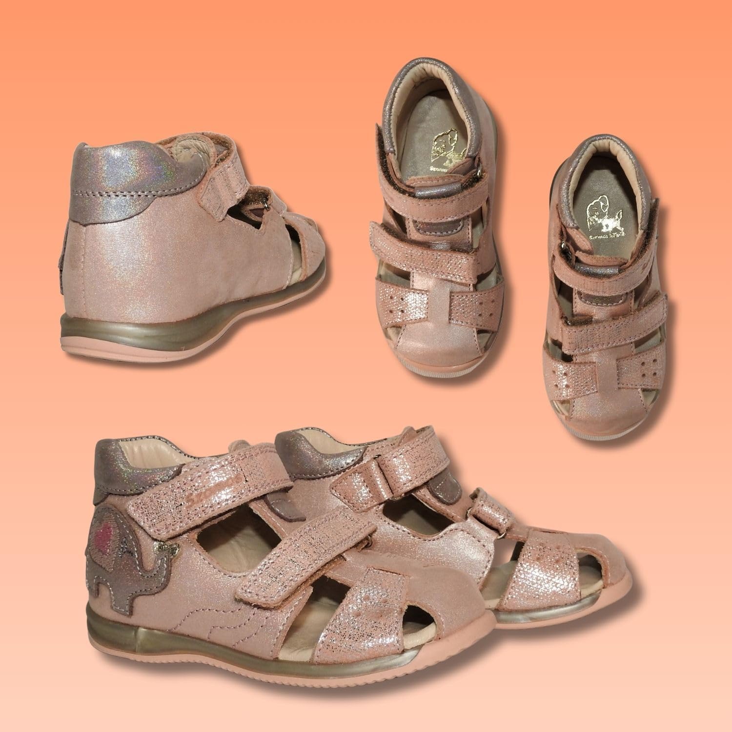 Kids Girls' Closed-Toe Sandals – Genuine Leather, Ergonomic Sole, Adjustable Hook & Loop Straps, Pink/Silver with Elephant Design