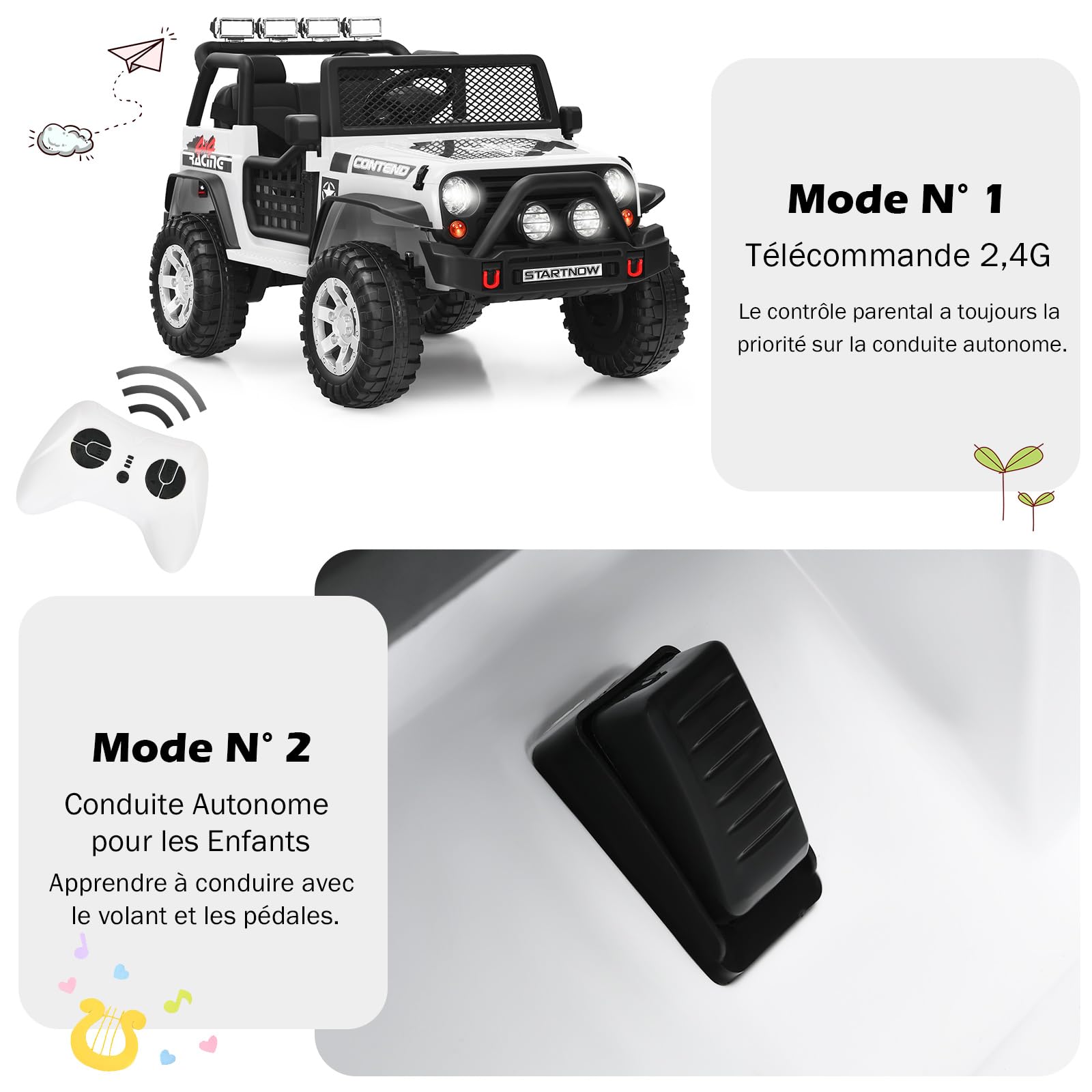 GOPLUS 12 V Voiture Electrique Enfant 2 Places avec Télécommande 2,4 G,Quad 4x4 Electrique Enfants avec LED, Musique Klaxon, MP3, 2 Vitesses 1,6-8 km/h,Charge 50KG, pour Enfant 3 Ans+ (Blanc)