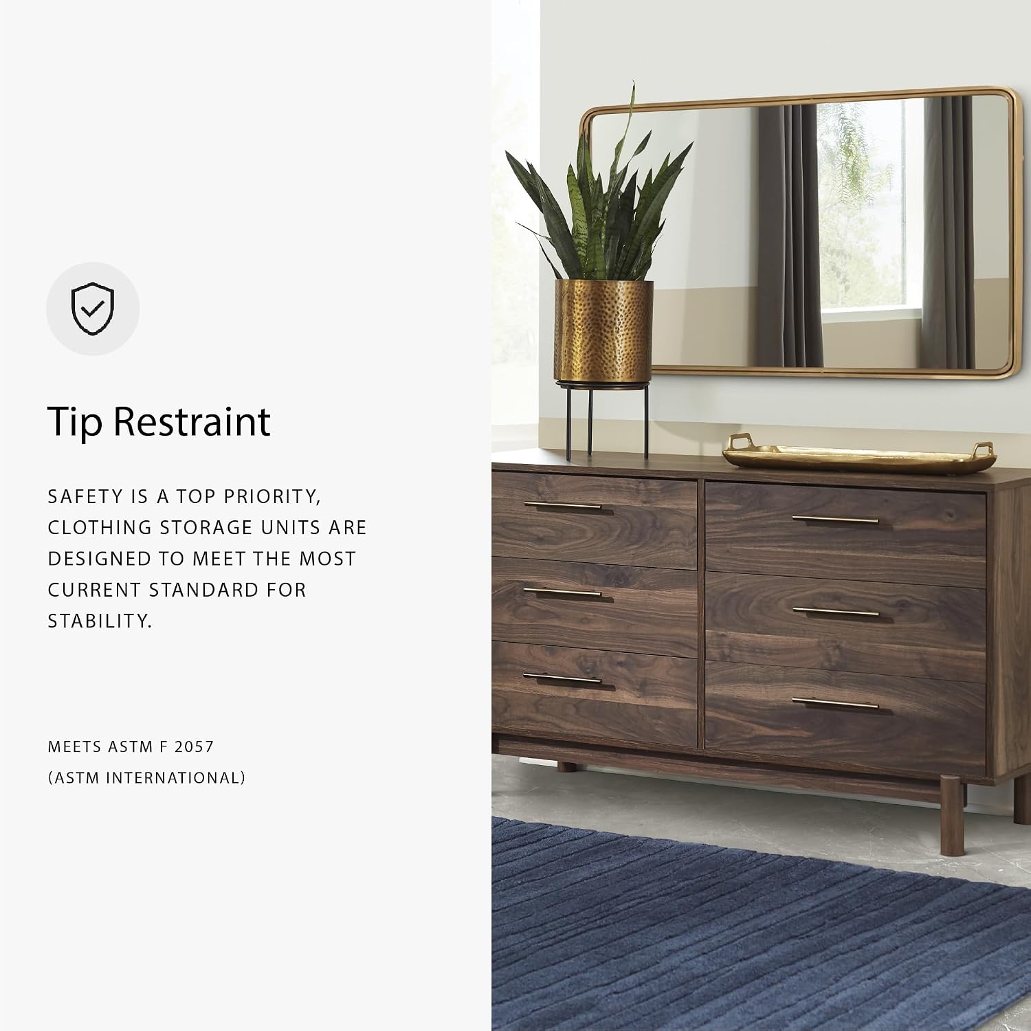 Signature Design by Ashley Calverson Modern 6 Drawer Double Dresser, Mocha | Engineered wood construction, Replicated walnut decorative laminate, Burnished goldtone pulls, Bedroom clothing storage