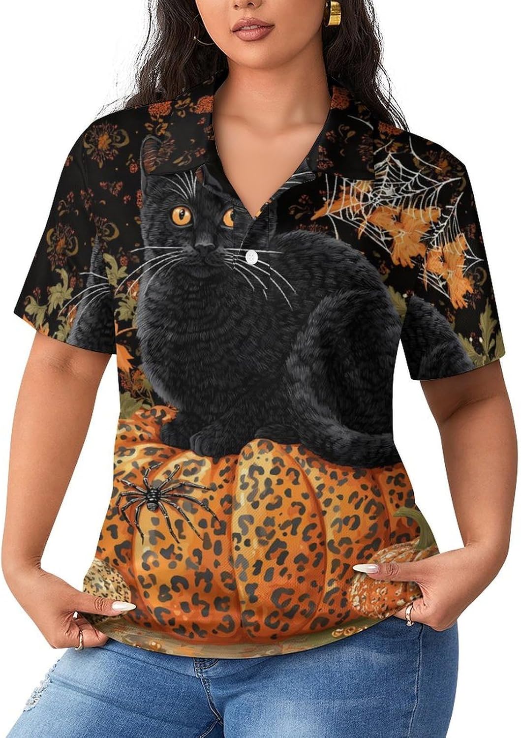 Halloween Leopard Pumpkin Cat Womens Polo Shirts Short Sleeve T-Shirt Button Down Golf Shirt
