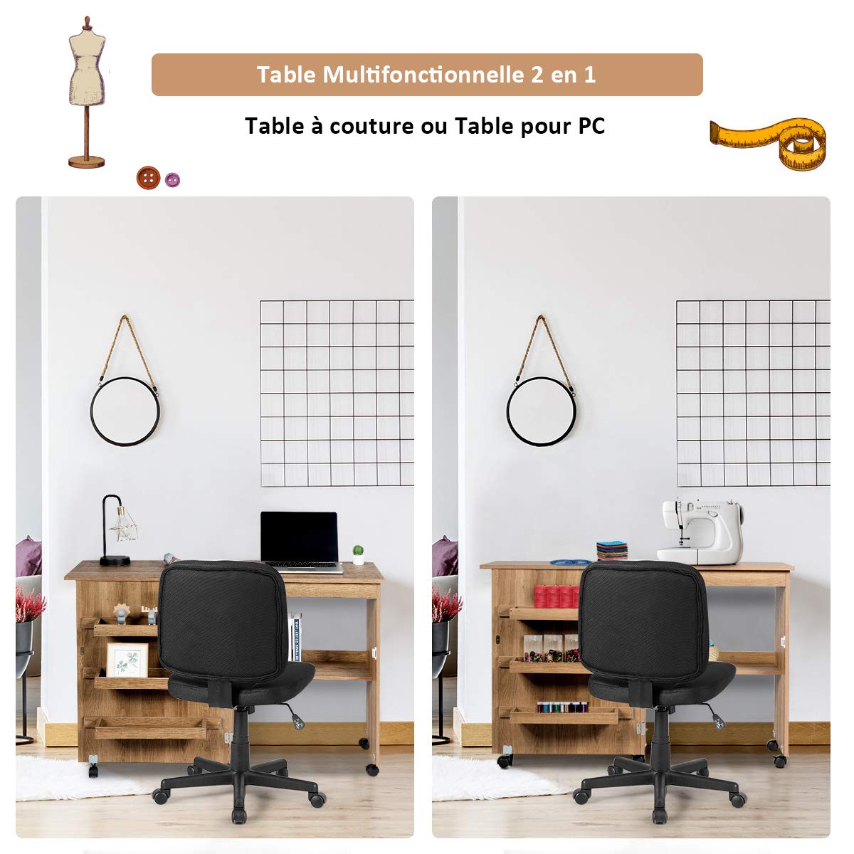 COSTWAY Table pour Machine à Coudre Pliante, Table de Couture avec 3 Etagères pour Bobines et roulettes verrouillables en Bois