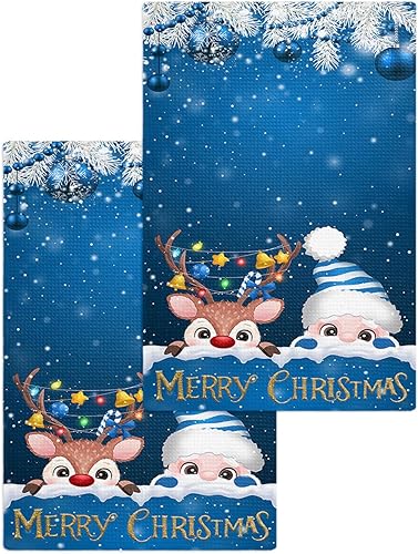 Miniatura 1 de Kitchen Towel 2 Packs Cotton Waffle Weave, Pine Needles Elk Elk Blue Merry Christmas 16 x 24 Inch Absorbent Quick Drying Dish Towels Clothes for
