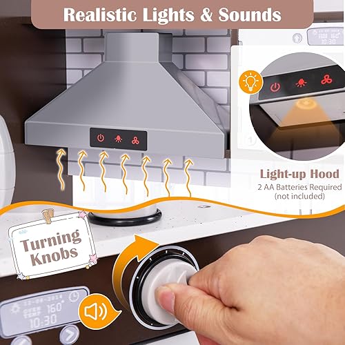 Miniatura 6 de HONEY JOY Juego de cocina para niños, cocina modular de madera de 2 piezas para niños pequeños y lavadora con fregadero, campana extractora