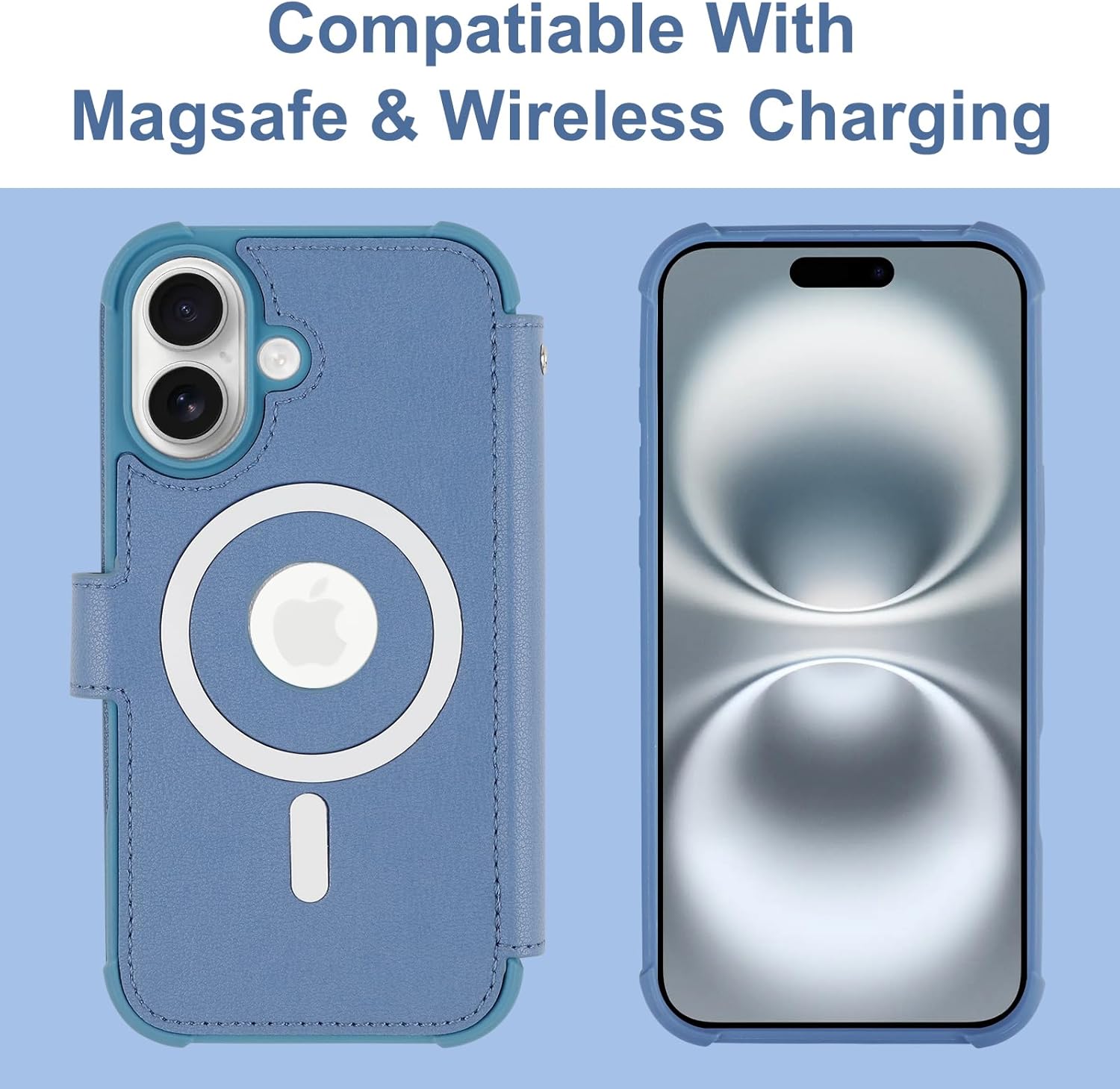 VANAVAGY Compatible for iPhone 16 Plus Wallet Case for Magsafe Wireless Charging, PU Leather Flip Case [Screen Protector & Camera Lens Protector] with Strap RFID Blocking Card Holder,Blue