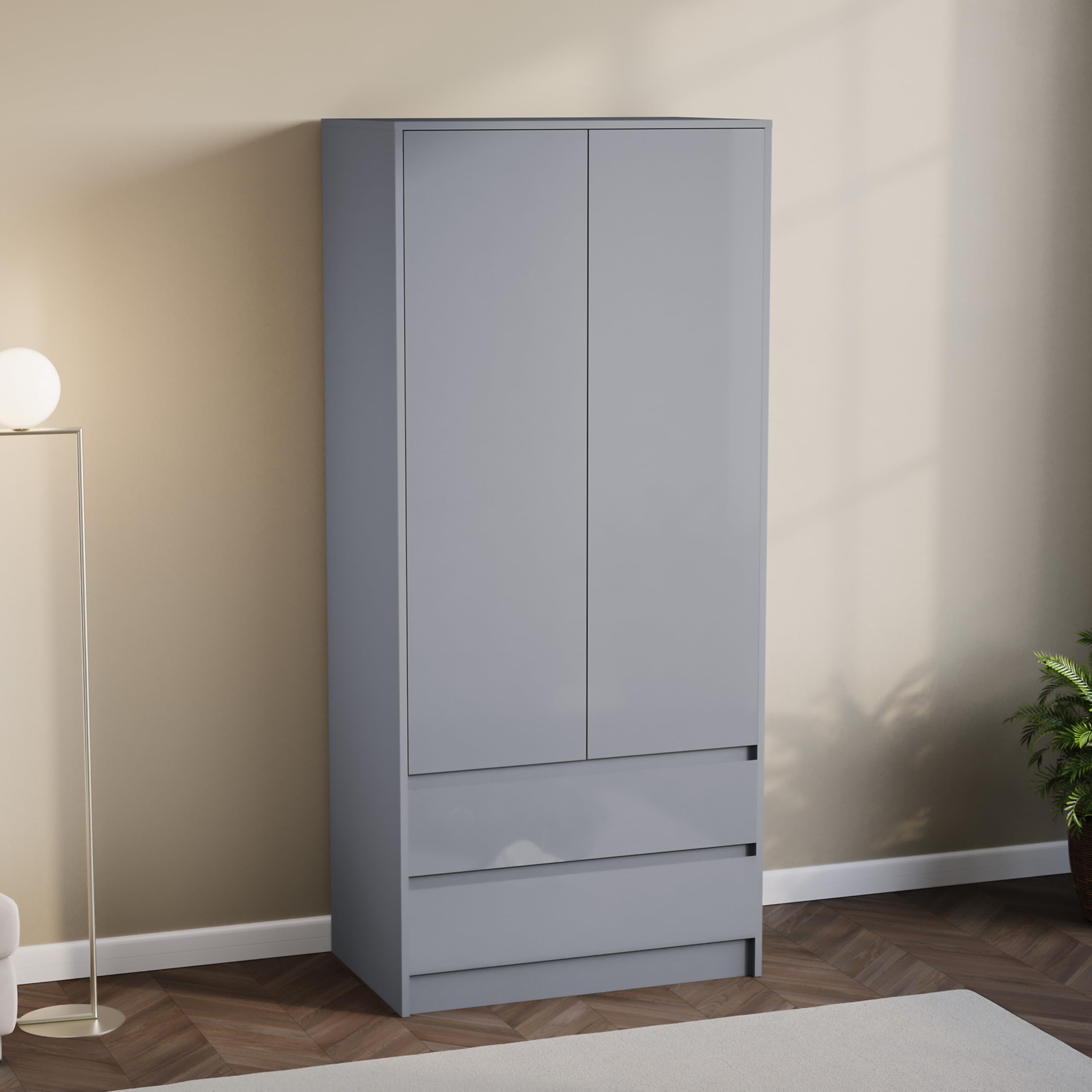 Vida Designs Glinton High Gloss 2 Door 2 Drawer Wardrobe Bedroom Storage Organiser with Hanging Rail Modern Furniture 100% FSC Certified (Grey, 2 Door 2 Drawer)