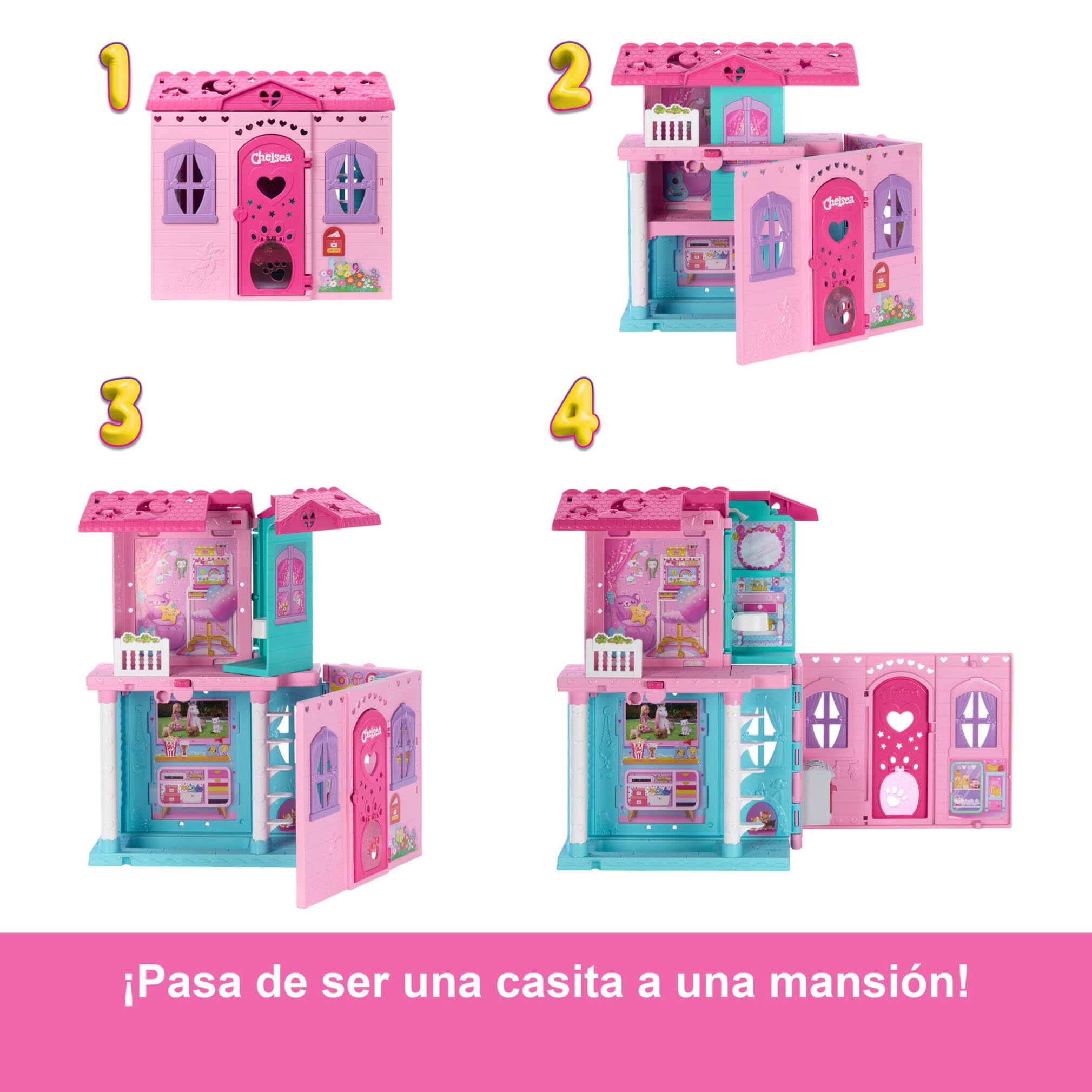 Barbie Chelsea Casa de muñecas con más de 15 accesorios, casa desplegable que se amplía a más de 43,2x33cm con 5 áreas de juego y tobogán, incluye muñeca pequeña y perrito mascota, JFW49