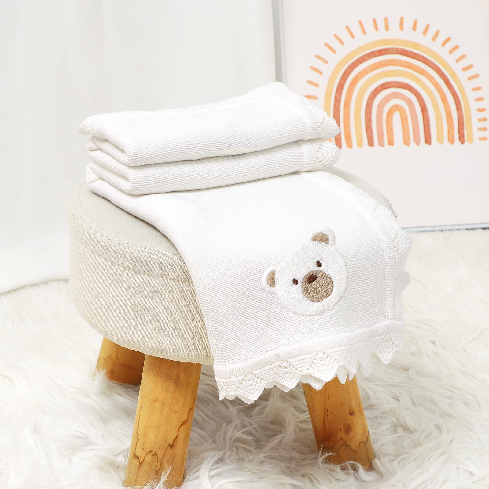 Coperta traforata in cotone per neonati, coperta in maglia morbida per neonato maschio e femmina con adorabile orsetto ricamato
