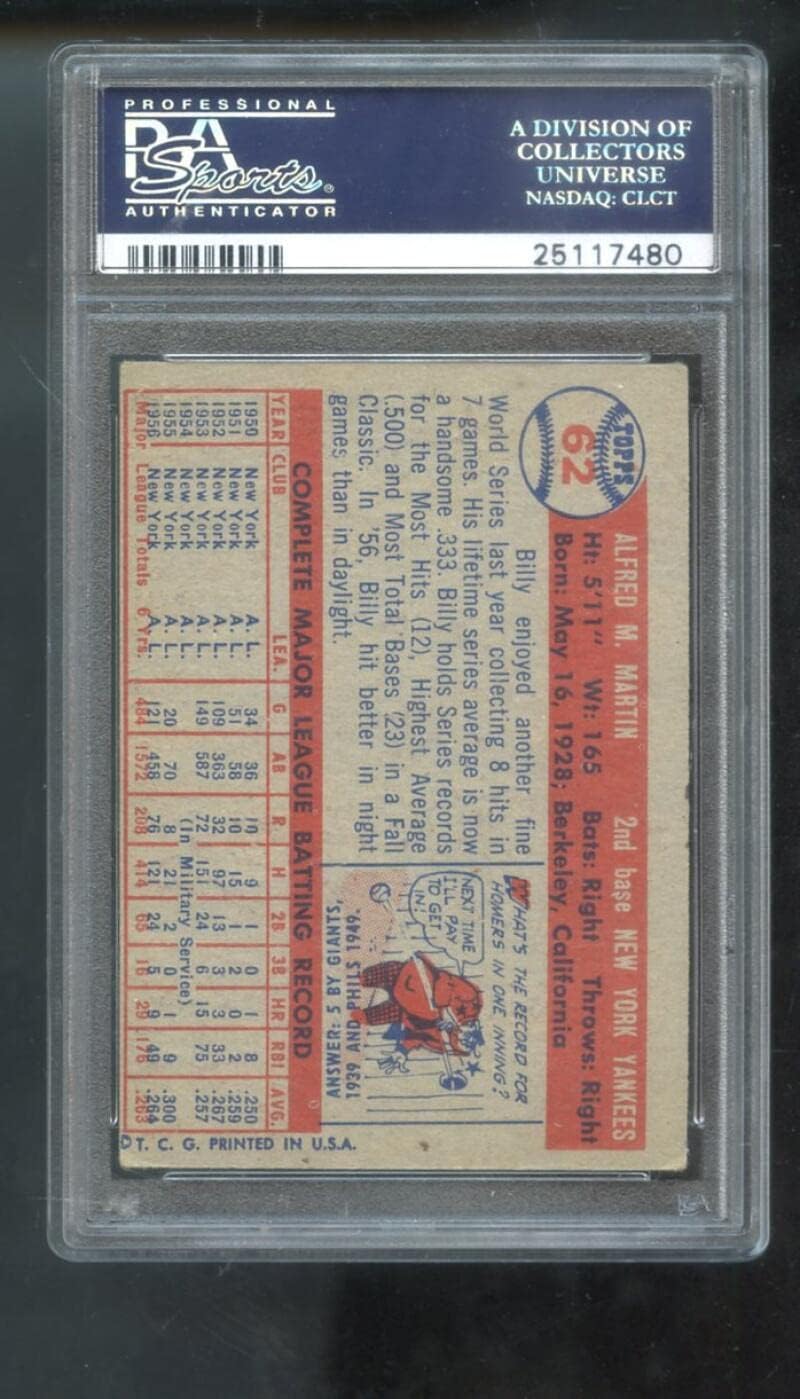 1957 Topps #62 Billy Martin PSA 4 Graded Baseball Card MLB New York Yankees