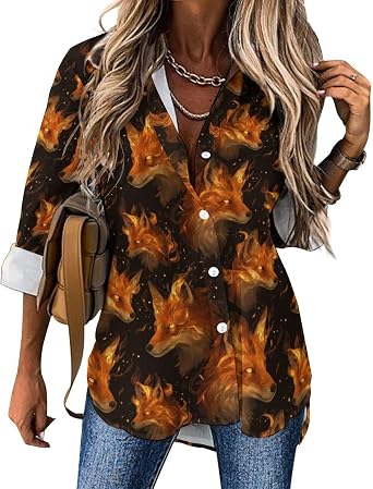 Long Sleeve Button Down Shirts for Women - Cool Fox Fire Print Blouses for Women Dressy Casual Tops