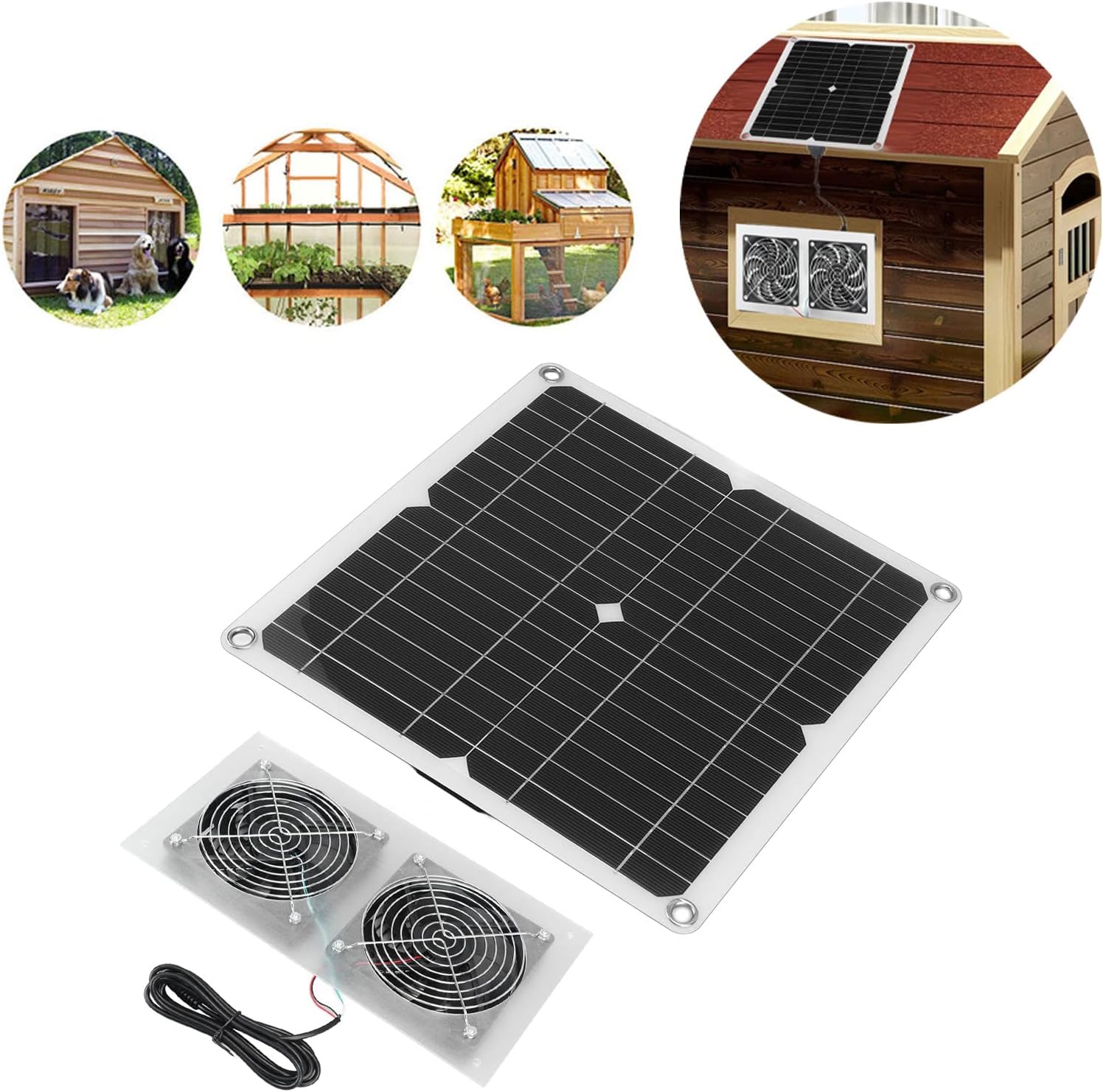 25W Solar Panel Fan Kit IPX65 Low Noise Efficient Solar Powered Dual Fan for Chicken Coop Kennel Barn