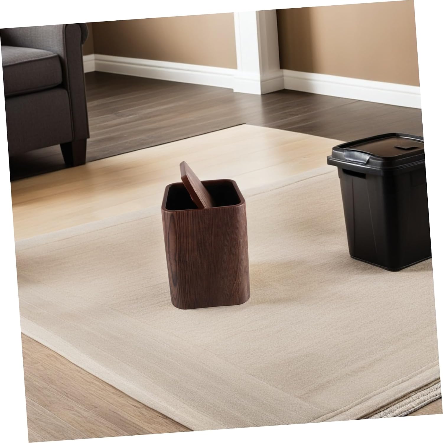 Imitation Wood Waste Basket with Rotating Lid Brown Plastic