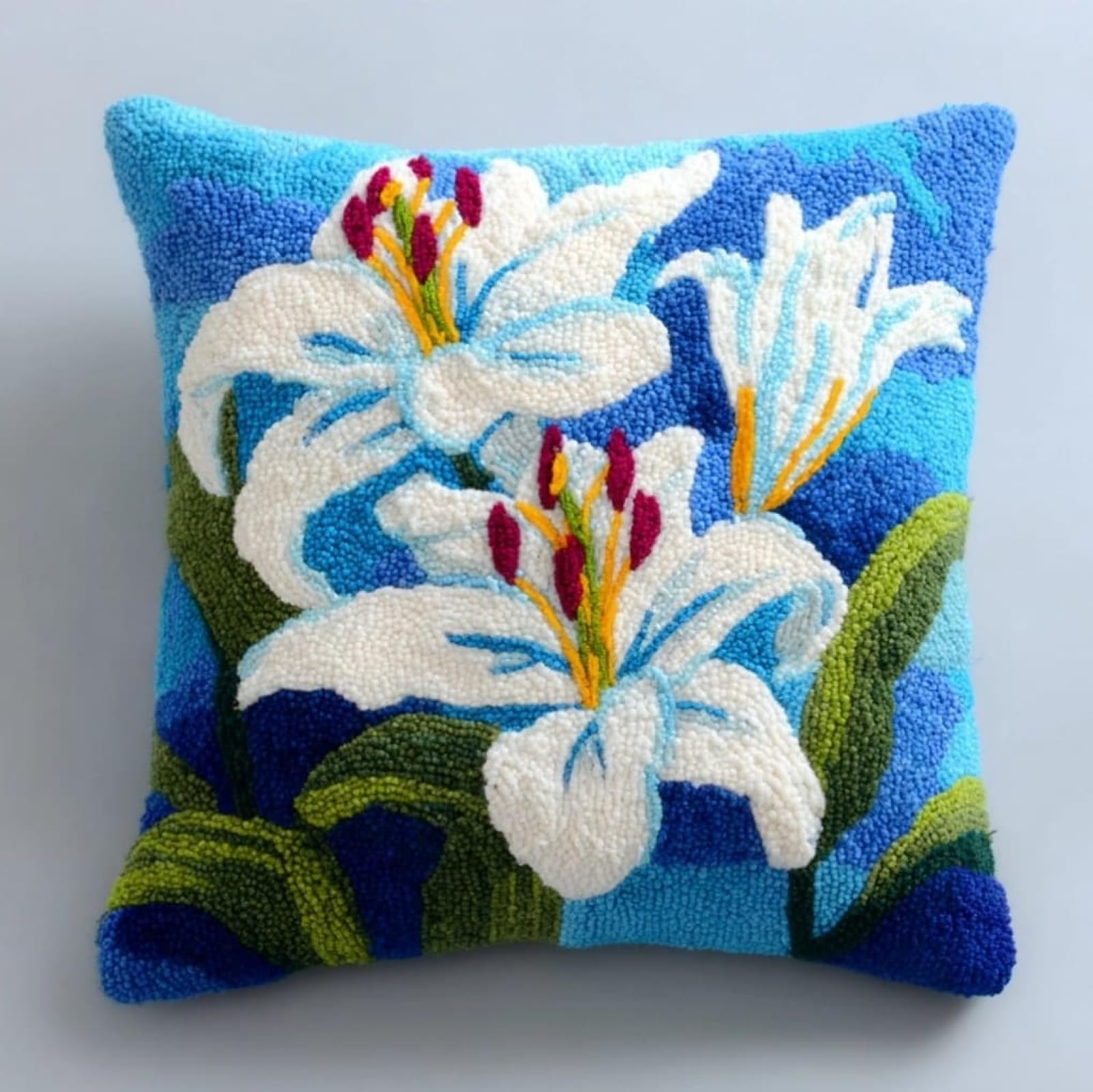AxiangziK 43x43cm Latch Hook Cushion Making Kit,Beautiful Lilies DIY Latch Hook Pillow Cover kit,Soft Yarn Pillow Set,Ideal Creative Gift for Adults