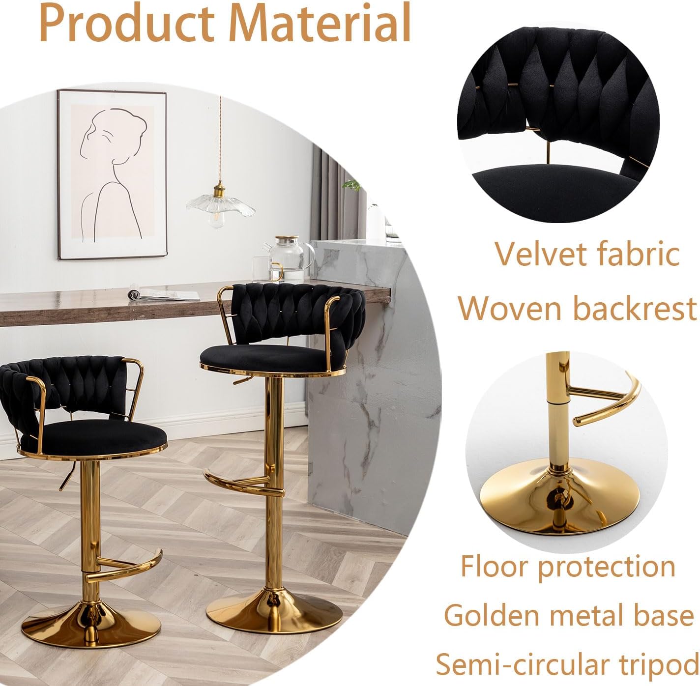 Velvet Bar Stools Set of 3, Counter Height Barstools with Low Back, Gold Swivel Bar Stool for Kitchen Island, Pub (Black)