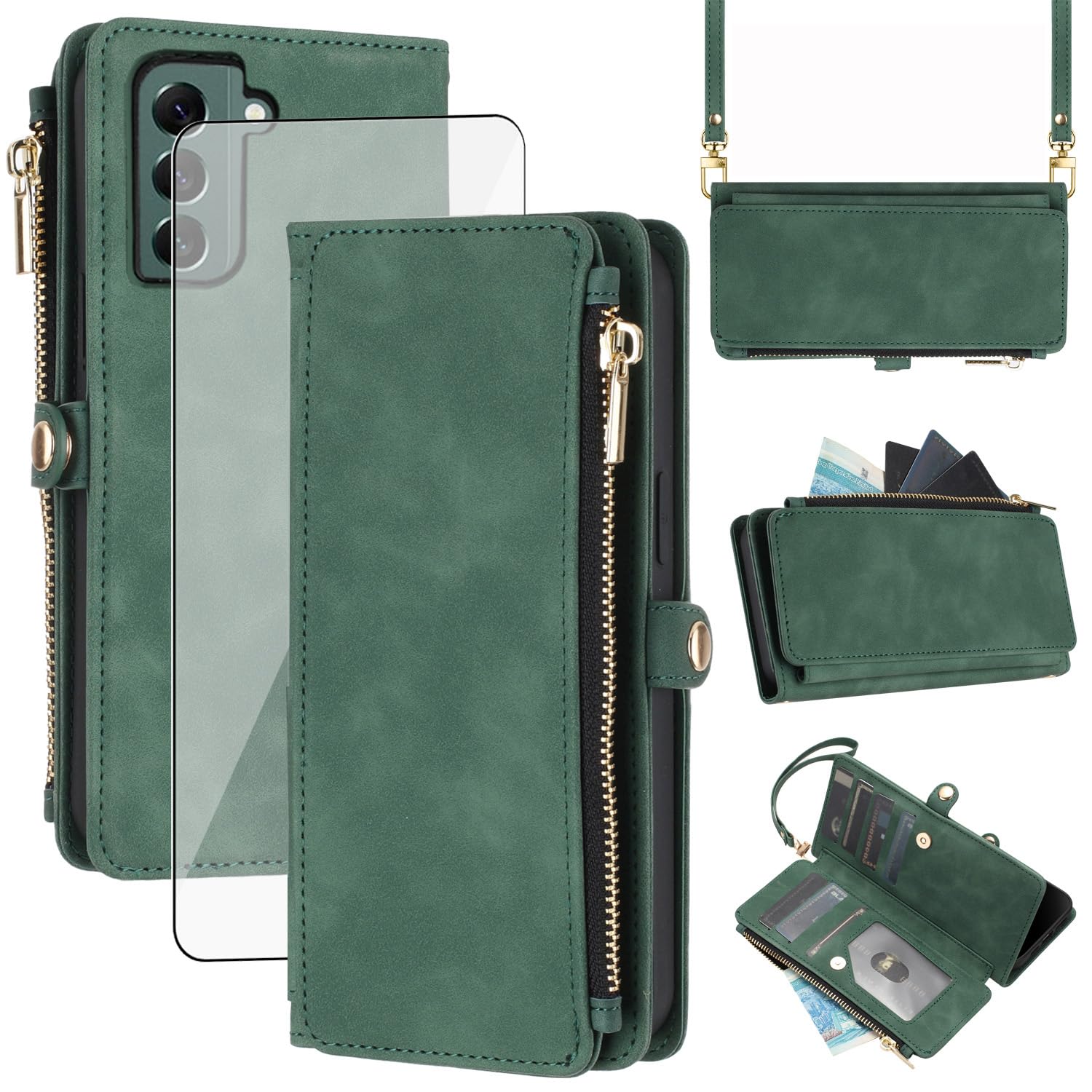 Asuwish Phone Case for Samsung Galaxy S22 Plus S22+ 5G Zipper Wallet Cell Cover with Tempered Glass Screen Protector Crossbody Strap Flip Credit Card