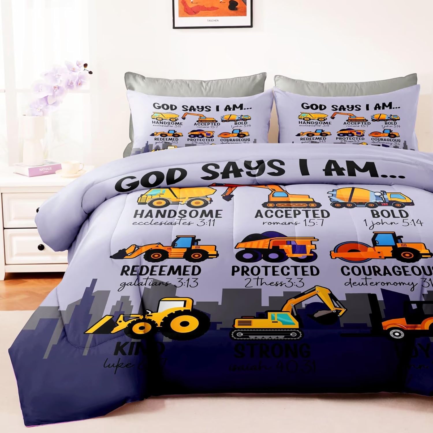 Boys Kids Construction Truck Comforter Set Twin Size,3 Piece Bed in a Bag Cars Excavators Tractor Bedding Set Construction Christian Spirational Comforter with 2 Pillowcases Gray - Image 2