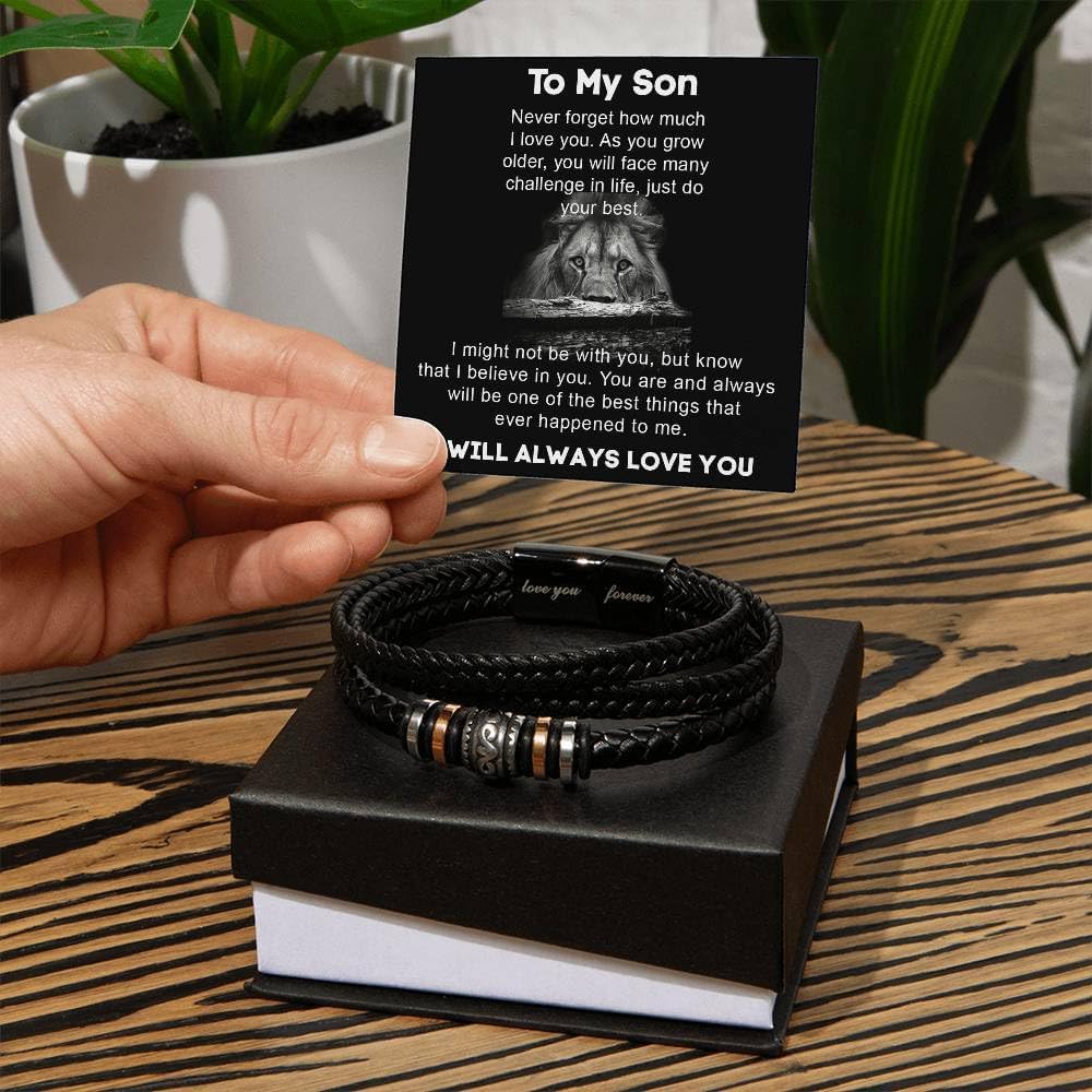 To My Son Bracelet, Braided Leather Bracelet with Stainless Steel Beads Message Card Inspirational Gift from Parents Meaningful Birthday, Graduation, Christmas Gift for Son - Image 3