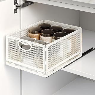 Pull Out Cabinet Organizer, No Drill Adhesive Sliding Drawers for Kitchen, Metal Mesh Wire Storage Shelf for Pantry & Under Sink, White (9.6" W x 11.8" D x 6.1" H)