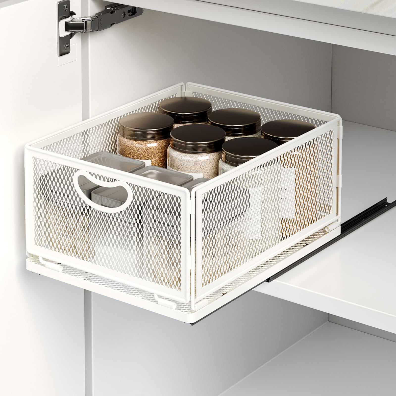 AmzAge Pull Out Cabinet Organizer, No Drill Adhesive Sliding Drawers for Kitchen, Metal Mesh Wire Storage Shelf for Pantry & Under Sink, White (9.6" W