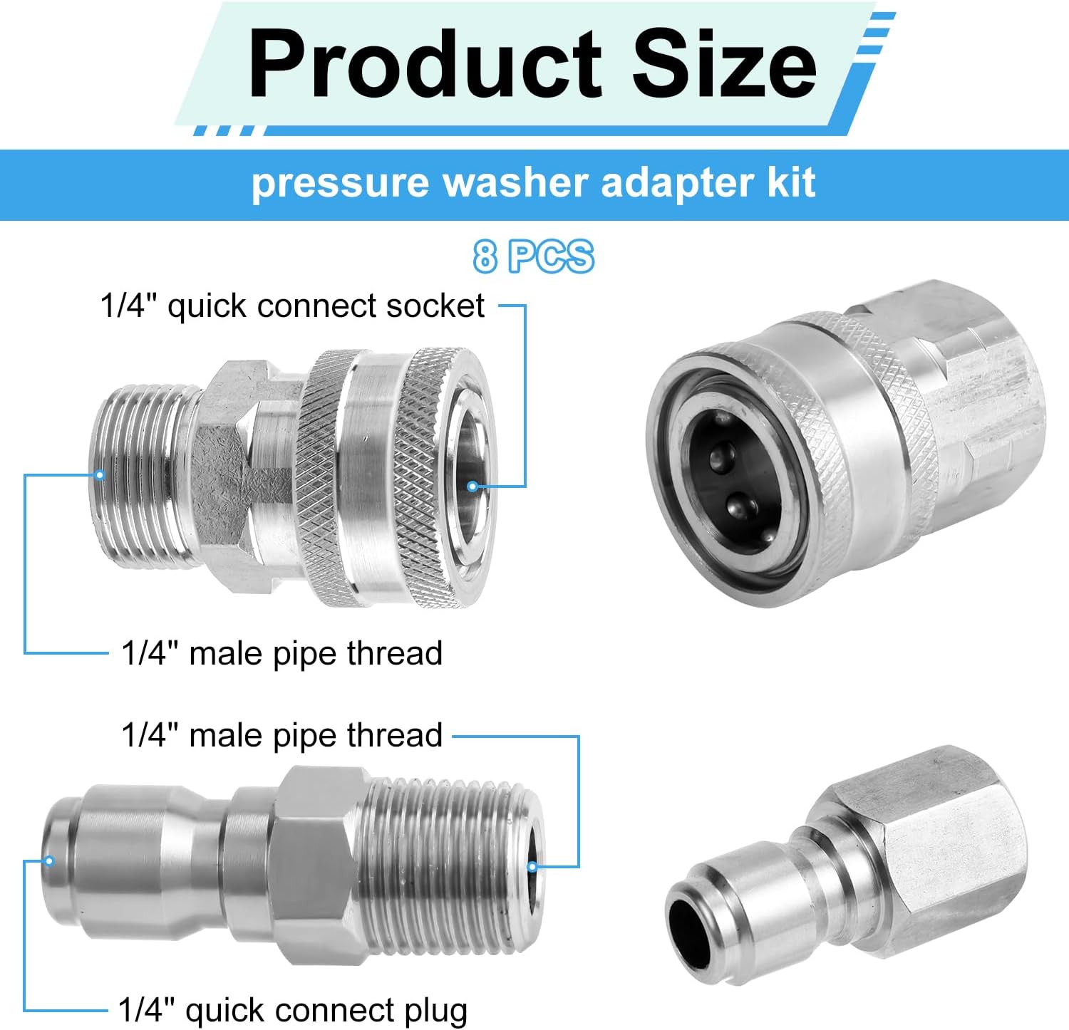 8pcs Pressure Washer Fast Connect, 1/4in Pressure Washer Adapter Set Male & Female Thread Pressure Washer Couplers Fittings Stainless Steel Power Washer Accessories for Garden Hoses Pumps