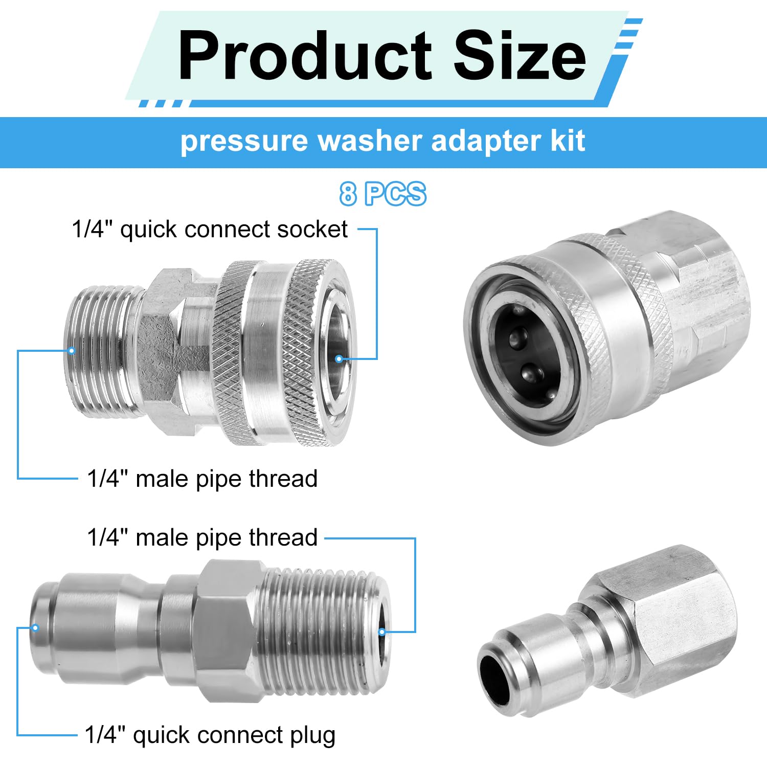NQEUEPN 8pz Adattatori Idropulitrice Connessione Rapida, NPT 1/4" Raccordi per Idropulitrice Filettatura Maschio e Femmina Set Adattatori Idropulitrice Acciaio Inossidabile per Pompe Tubi da Giardino