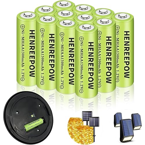 Henreepow Ni-MH AA Rechargeable Batteries, Double A High Capacity 1.2V 1300mAh Pre-Charged for Garden Landscaping Outdoor Solar Lights, String Lights, Pathway Lights (AA-12pack)