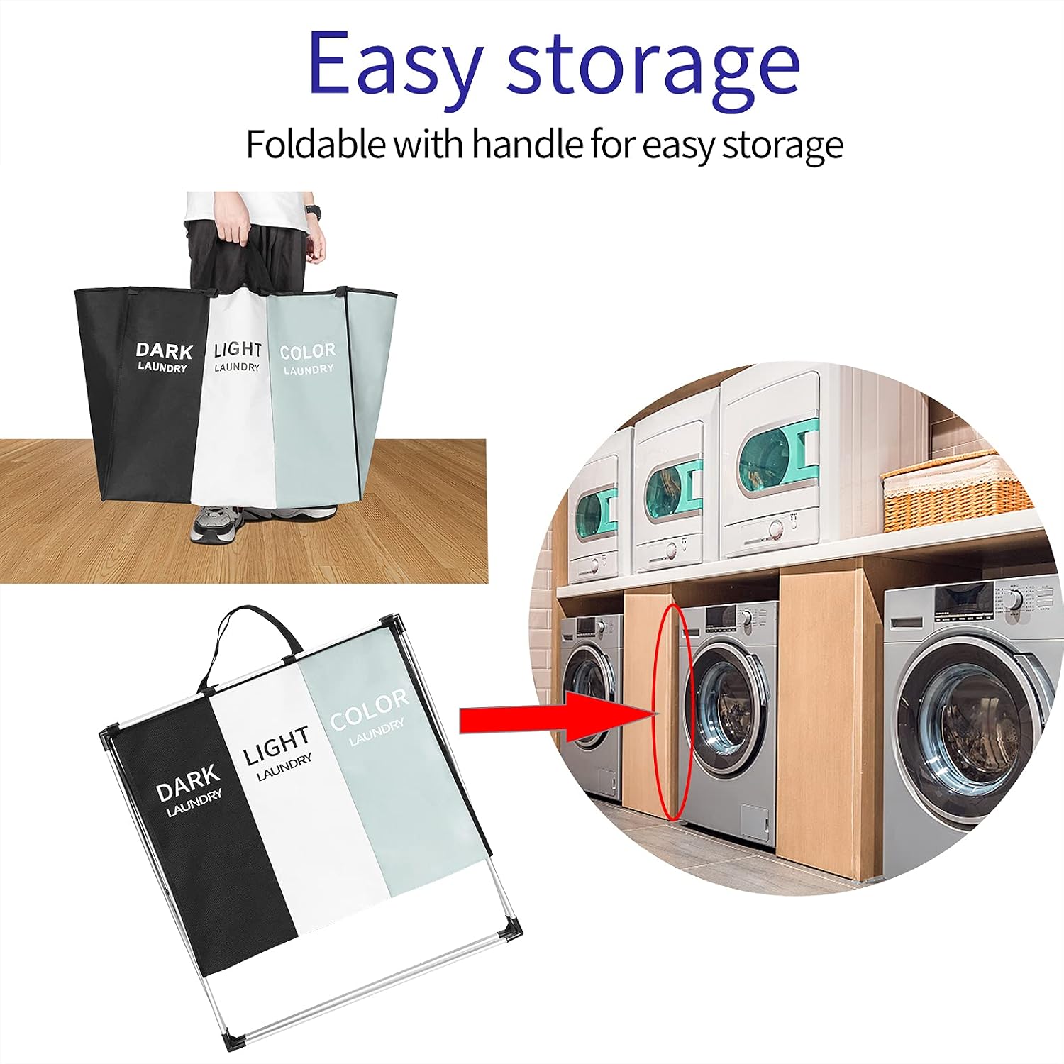 BLOOMBY 3-Section Laundry Sorting Hamper - 135L Capacity Dirty Clothes Bag, Sorter Basket with 3 Compartments, Folding Aluminum Frame, and Carrying Handles - for Bedroom, Bathroom & More (26 X 24”)